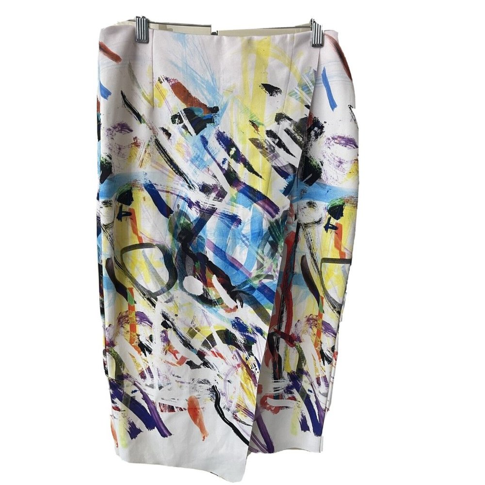ASOS  Women's Wild Abstract Paint Print Midi Pencil Skirt front slit  Size 8 USA